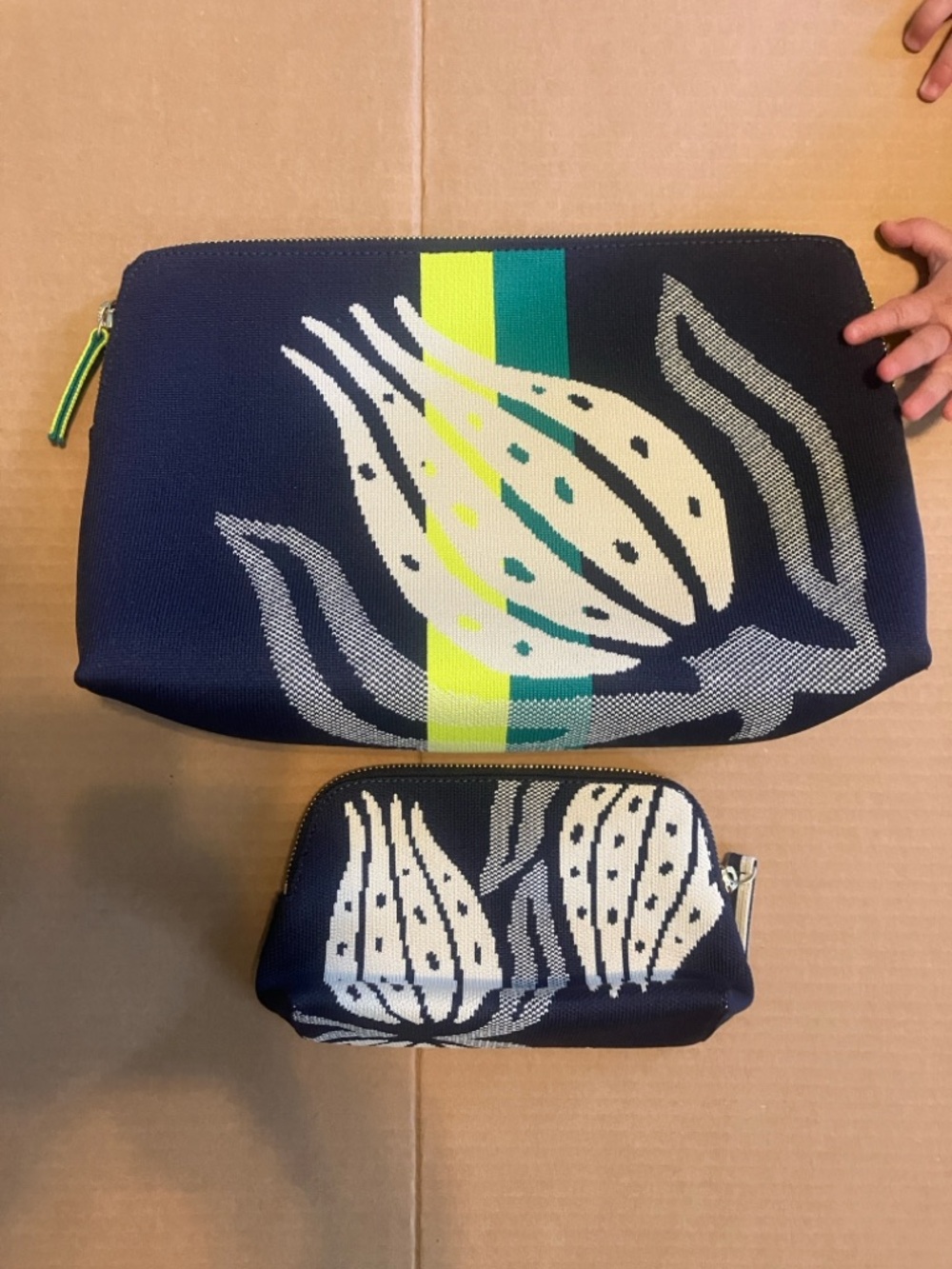 Rothy’s Navy Blue Botanical Zippered Pouch Sets Two Pieces Like New